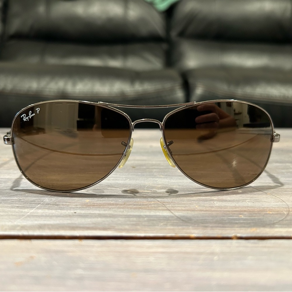 Ray-Bans polarized gun metal and light brown aviator sunglasses